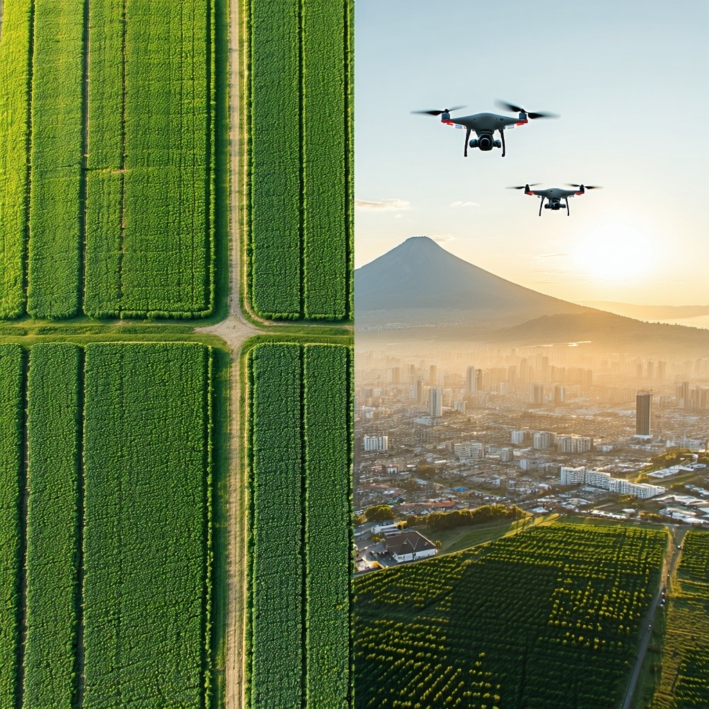 split image with a green field with a mountain and the sun in the background field covered with crops on one half city skyline seen from above on the other half drones at the center of both halves split image with a green field with a mountain and the sun in the background field covered with crops on one half city skyline seen from above on the other half drones at the center of both halves